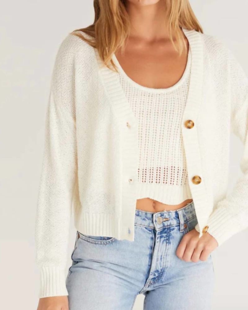 Front of a model wearing a size L Marcy Cardigan in White in White by Z Supply. | dia_product_style_image_id:334359